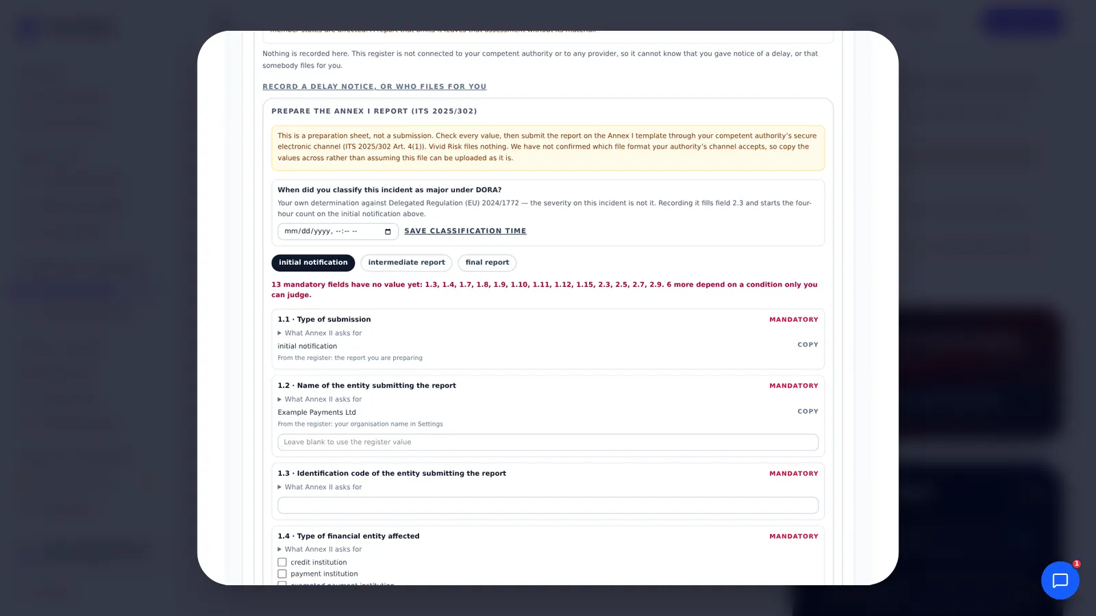The Annex I report preparation sheet: a notice that it is not a submission, the classification time, the initial, intermediate and final report tabs, and the count of mandatory fields with no value yet.