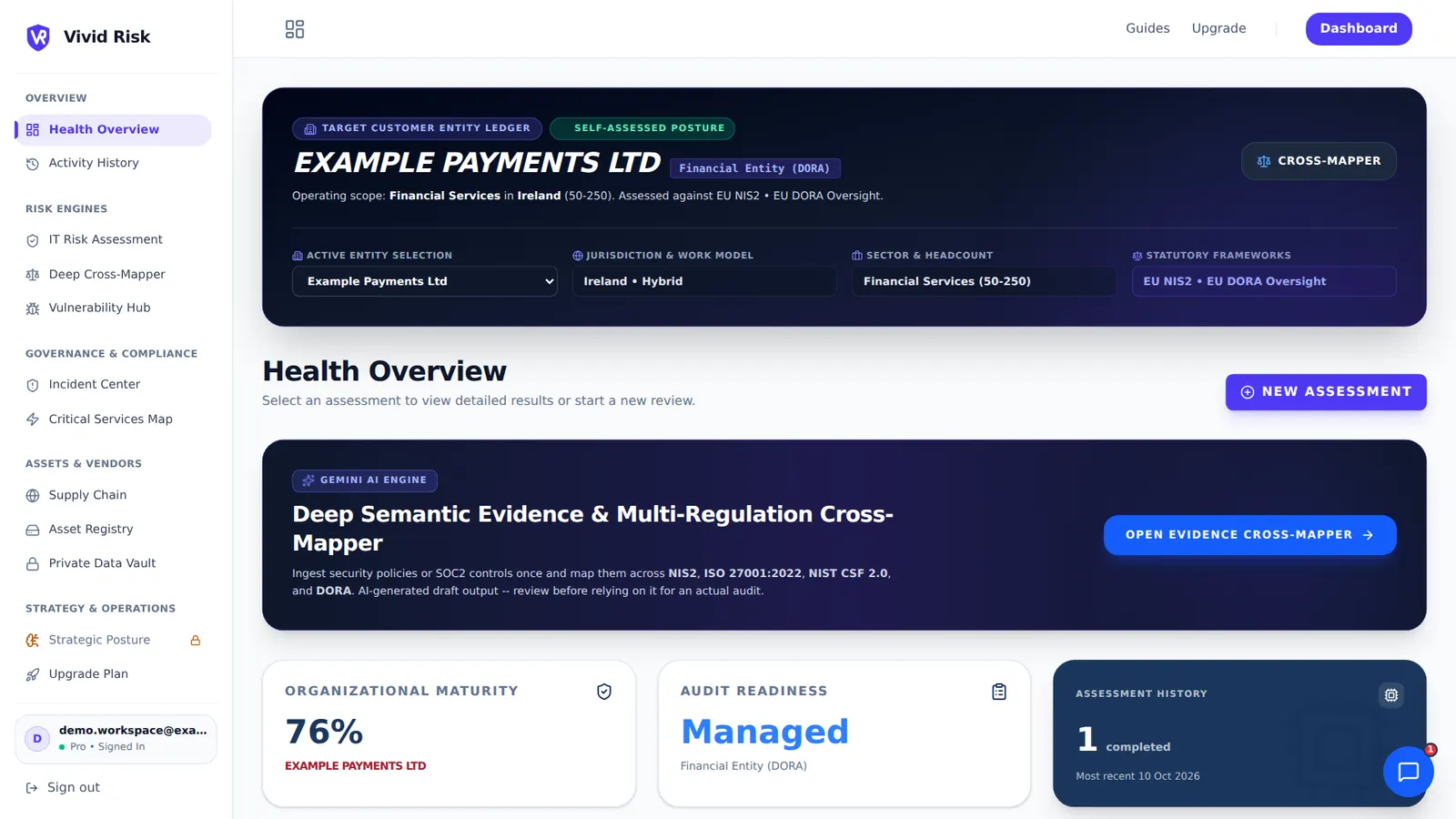 The Vivid Risk health overview for Example Payments Ltd: an organisational maturity score of 76%, the jurisdiction, sector and the statutory frameworks the organisation declared.